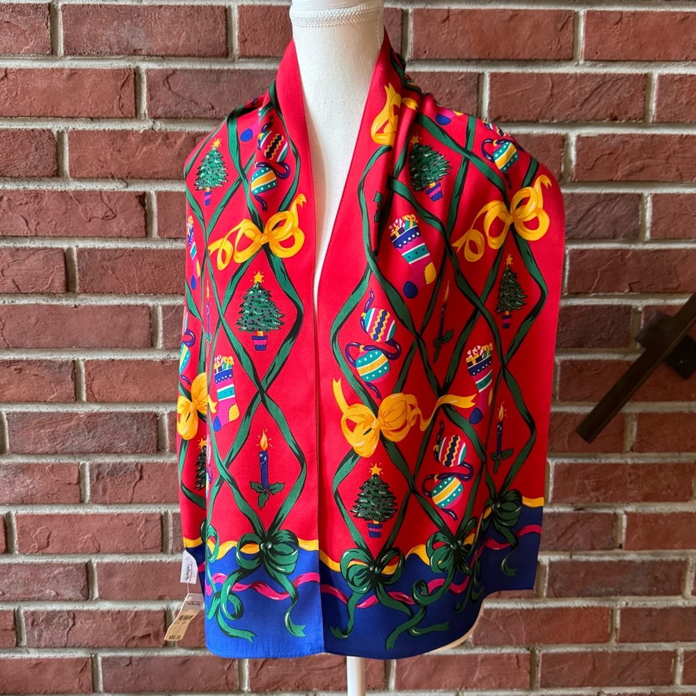 •Vintage NWT Rare Talbots Holiday Graphic 100% Silk Scarf 11”x58” Made an Japan